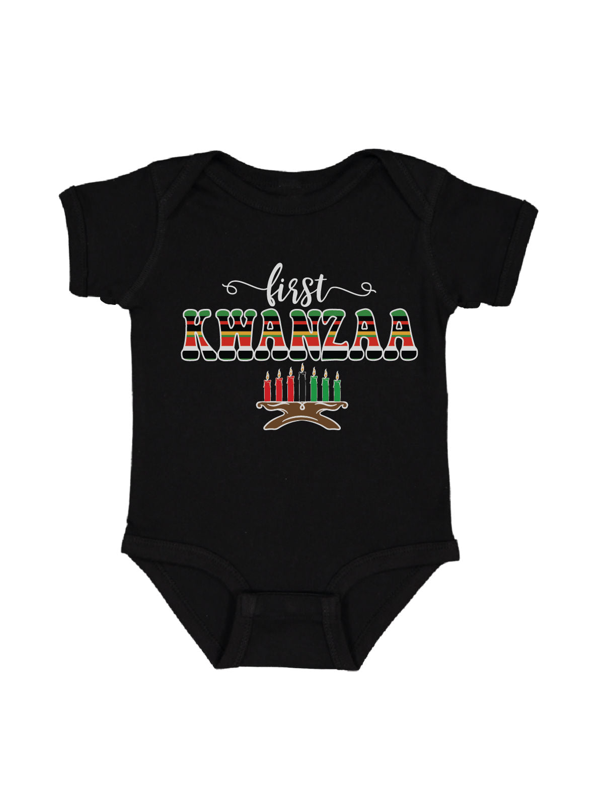 Personalized long sleeve black infant one piece with first Kwanzaa and kinara design