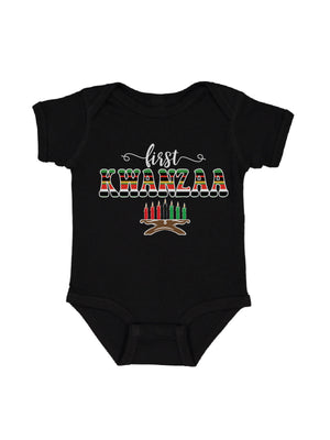 short sleeve infant black bodysuit with first Kwanzaa African print design