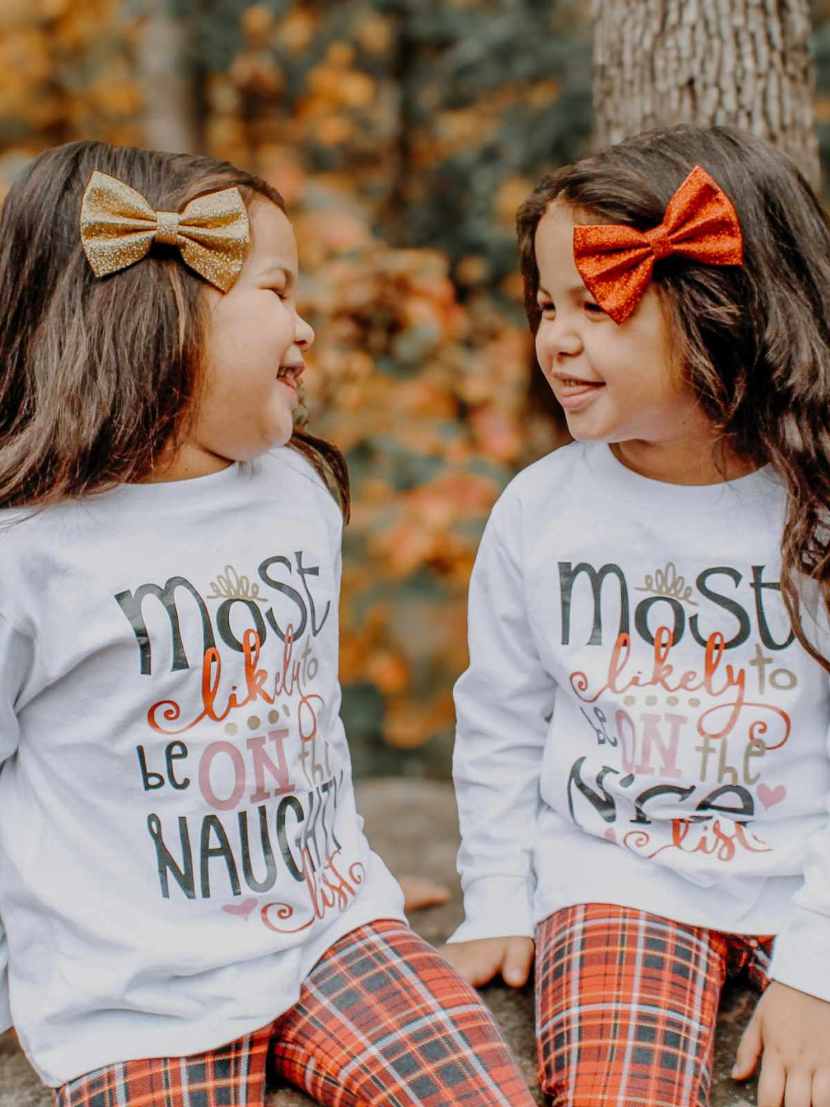 Girls matching Christmas shirts Most likely to be on the nice list and most likely to be on the naughty list