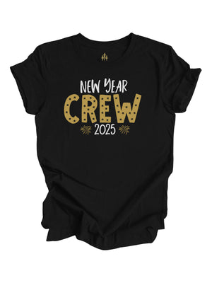 Short sleeve black adult t shirt that says New Year Crew 2025 in gold