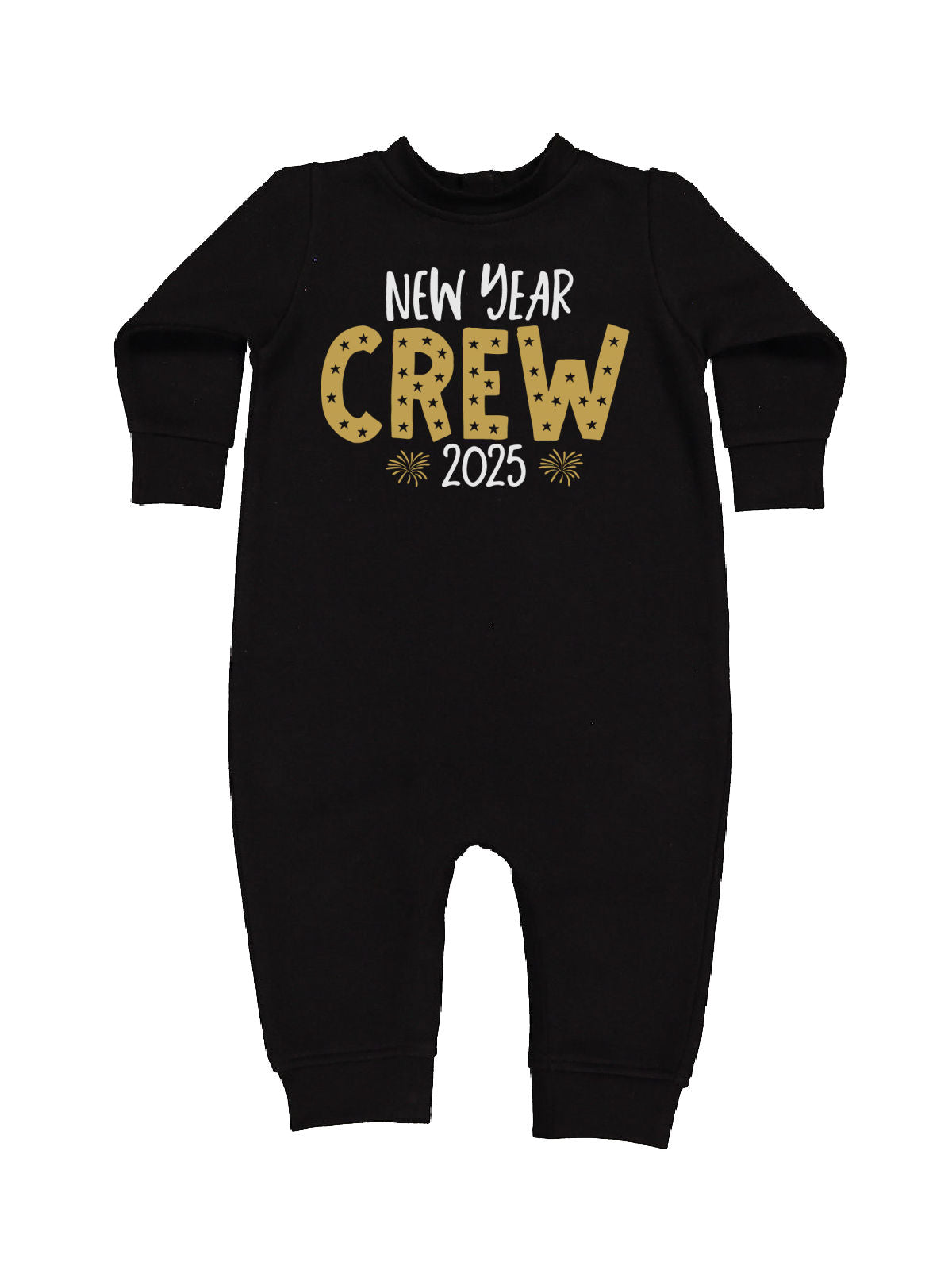 Long sleeve black infant coverall one piece that reads New Year Crew 2025 in gold and white