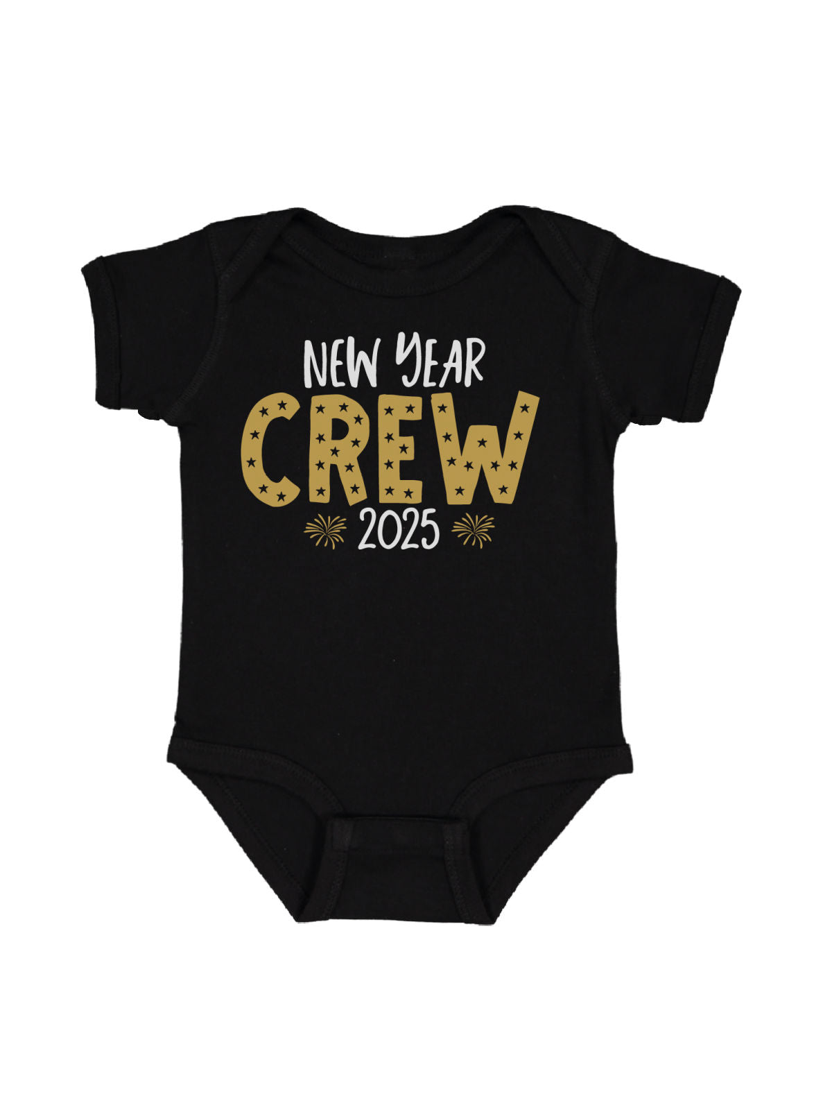 short sleeve black infant one piece that reads New Year Crew 2025 in gold