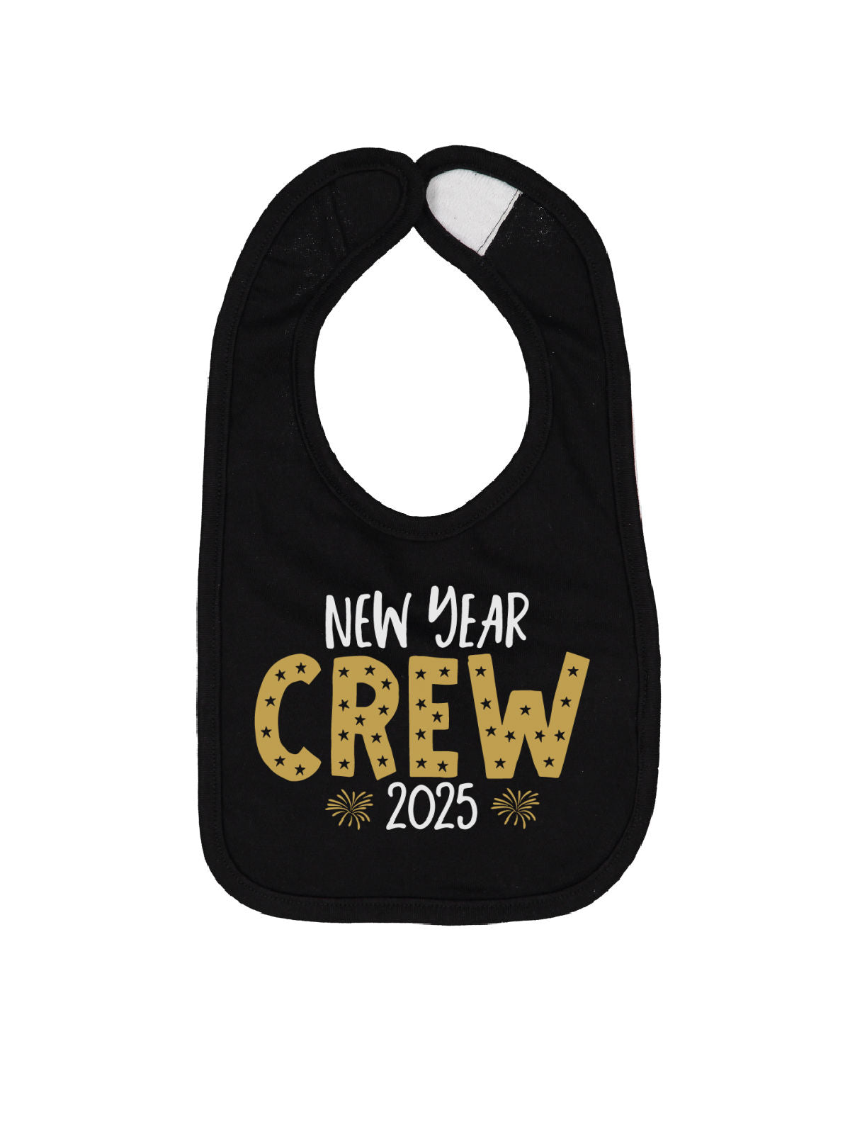 Black infant bib that reads New Year Crew 2025 in gold and white