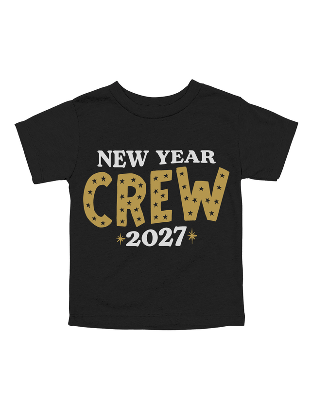 A black short-sleeve crewneck t-shirt with a graphic print reading 'NEW YEAR CREW 2027'. The word 'CREW' is styled in a gold glitter pattern with small black stars, while 'NEW YEAR' and '2027' are printed in white.