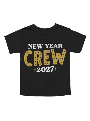 A black short-sleeve crewneck t-shirt with a graphic print reading 'NEW YEAR CREW 2027'. The word 'CREW' is styled in a gold glitter pattern with small black stars, while 'NEW YEAR' and '2027' are printed in white.