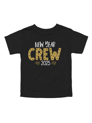 short sleeve black kids shirt that reads New Year Crew 2025 in gold