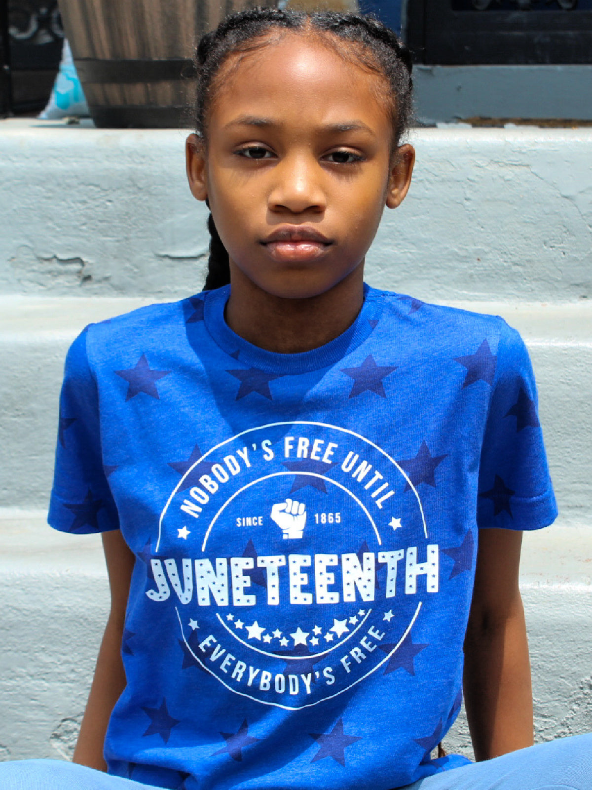 Nobody's Free Until Everybody's Free Kids Juneteenth Shirts in Natural, Gray, Red, and Blue