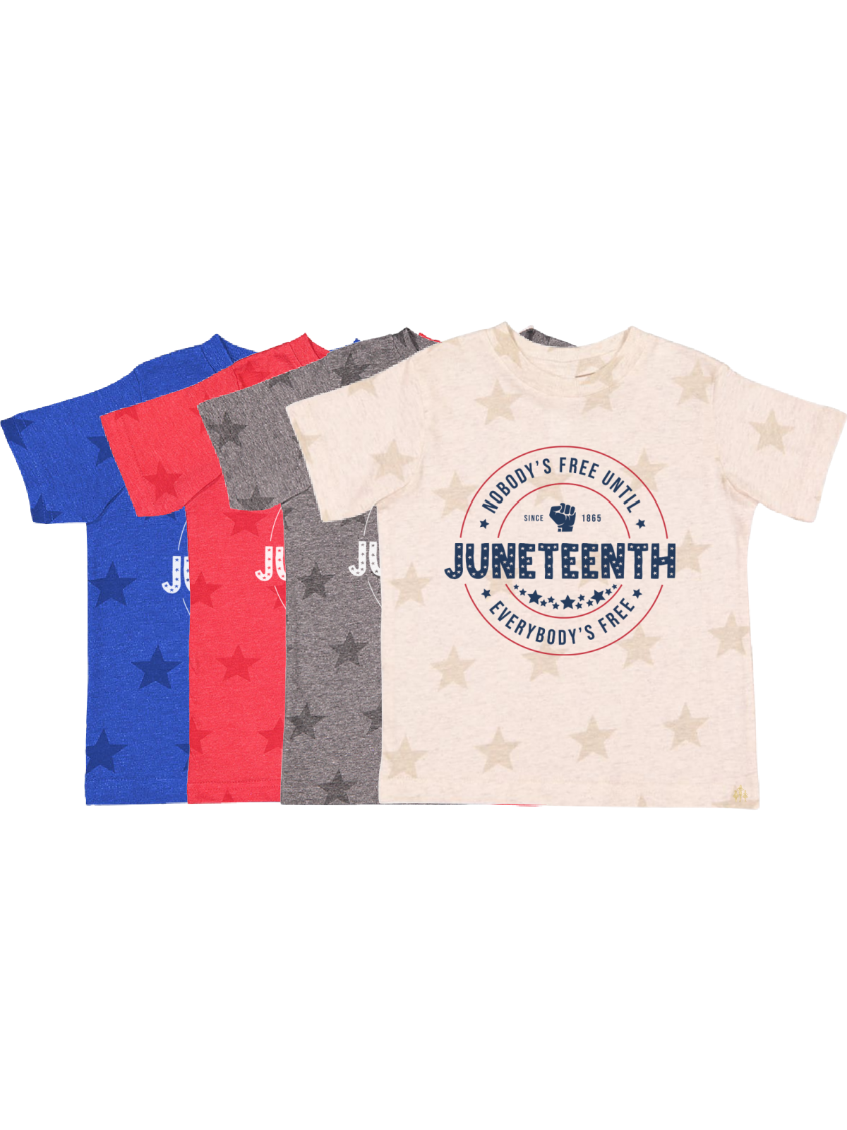 Nobody's Free Until Everybody's Free Kids Juneteenth Shirts in Natural, Gray, Red, and Blue
