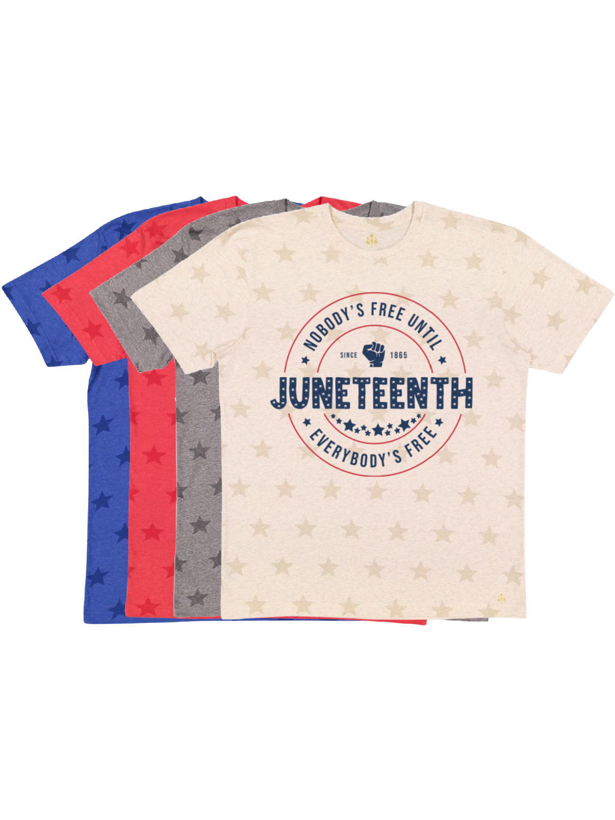 Nobody's Free Until Everybody's Free Adult Juneteenth Shirt - Red, Blue, Gray, & Natural Stars
