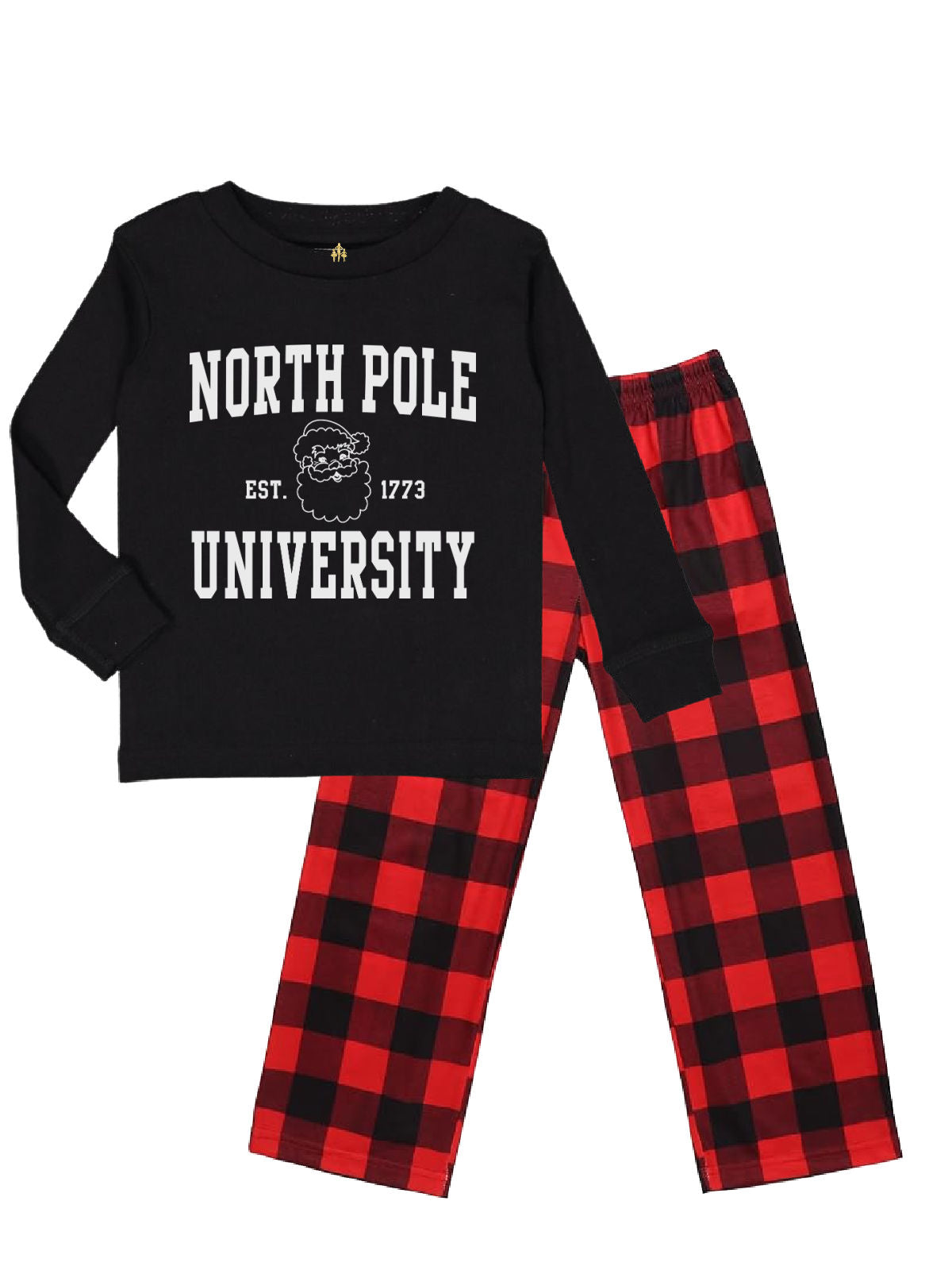 North Pole University Kids Red and Black Buffalo Plaid Christmas Pajamas