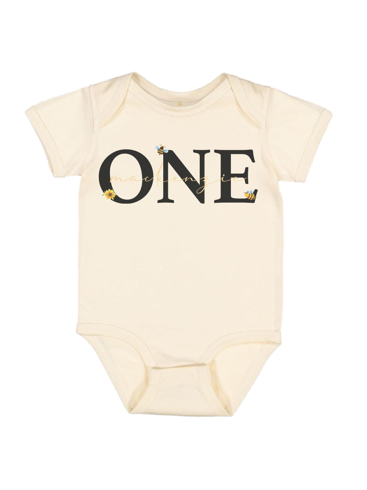Personalized ONE Bumble Bee Birthday Baby Bodysuit in Natural Cream