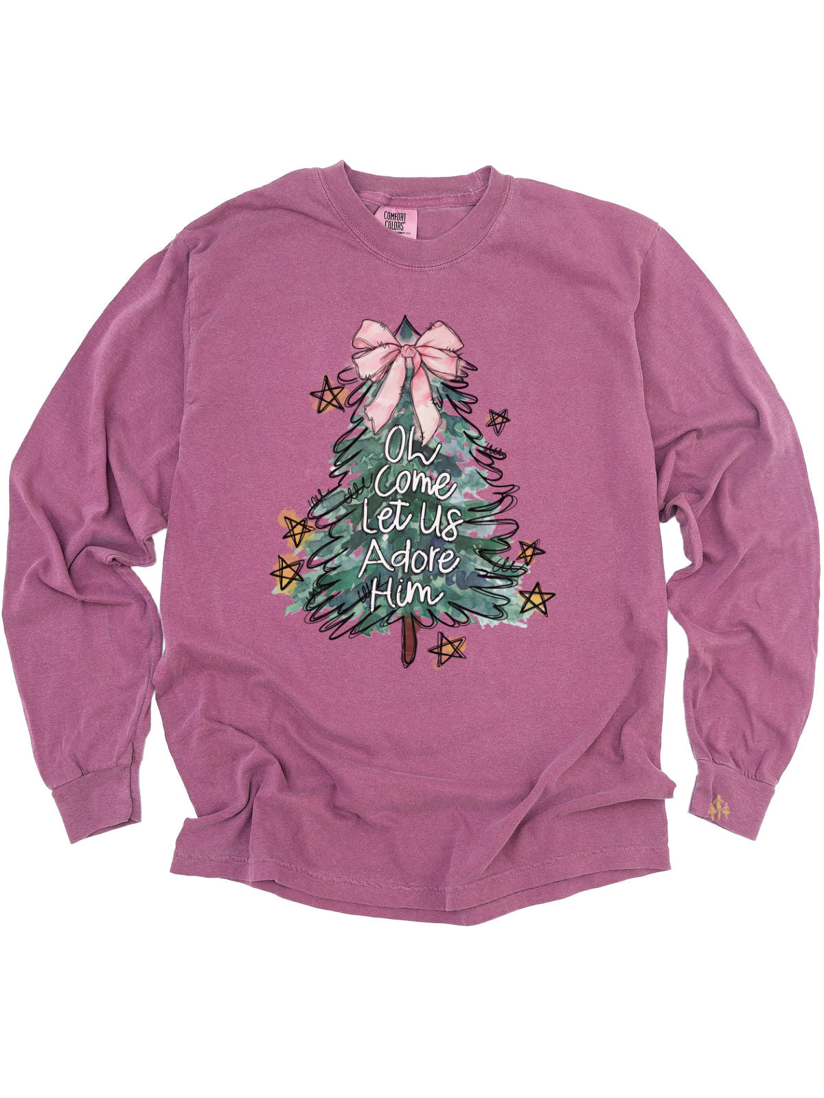 Berry pink long sleeve adult shirt that reads Oh come let us adore Him with a festive holiday tree