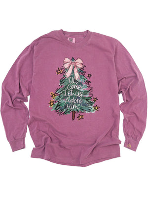 Berry pink long sleeve adult shirt that reads Oh come let us adore Him with a festive holiday tree