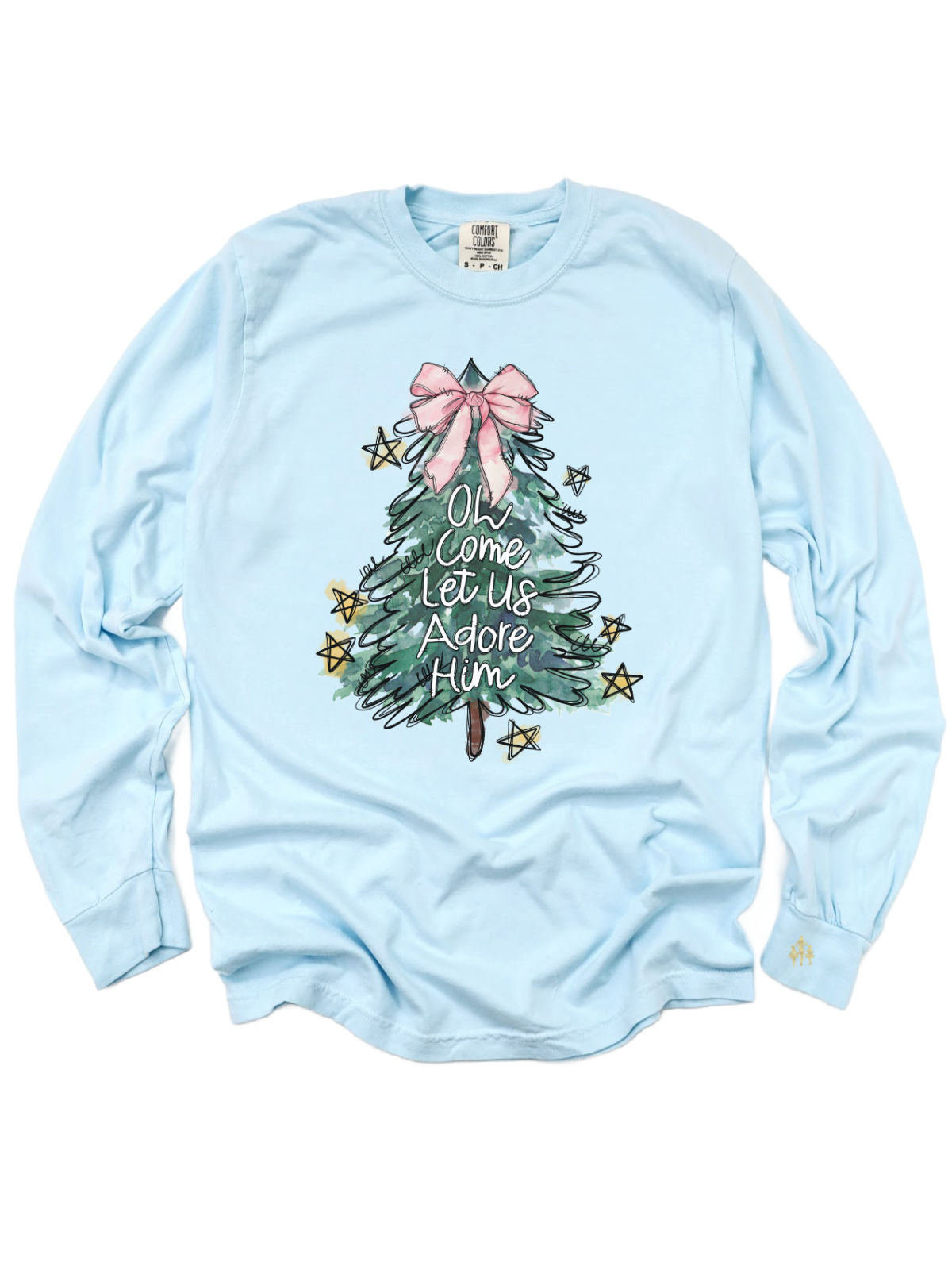 light blue long sleeve adult shirt that reads Oh come let us adore Him with a festive holiday tree