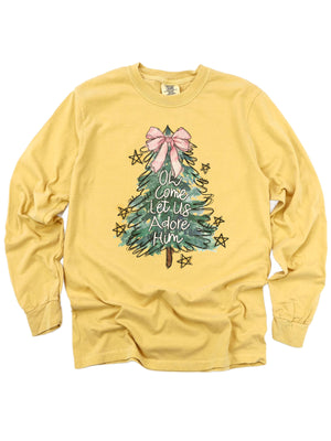 yellow gold long sleeve adult shirt that reads Oh come let us adore Him with a festive holiday tree