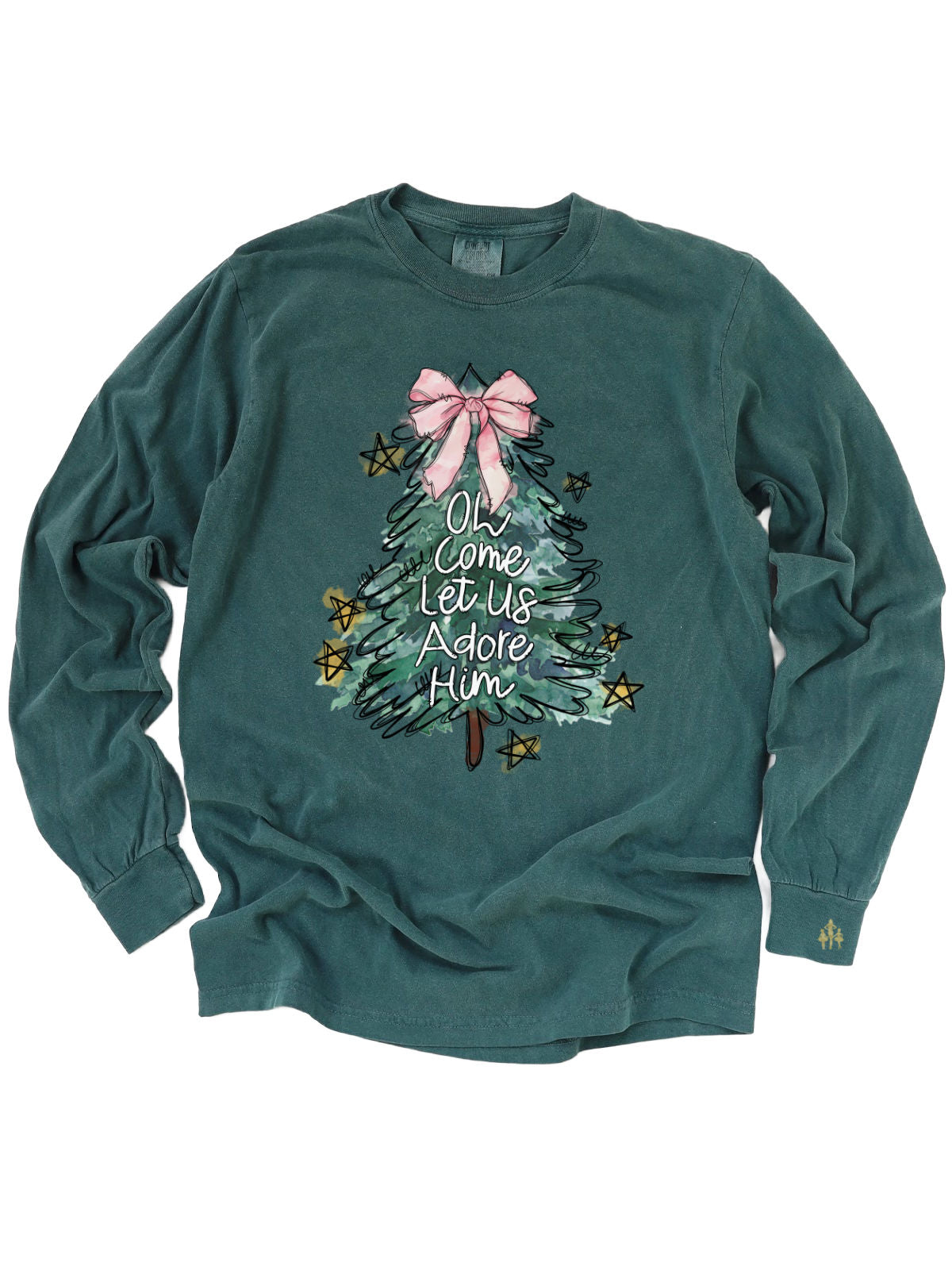 forest green long sleeve adult shirt that reads Oh come let us adore Him with a festive holiday tree