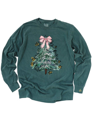 forest green long sleeve adult shirt that reads Oh come let us adore Him with a festive holiday tree