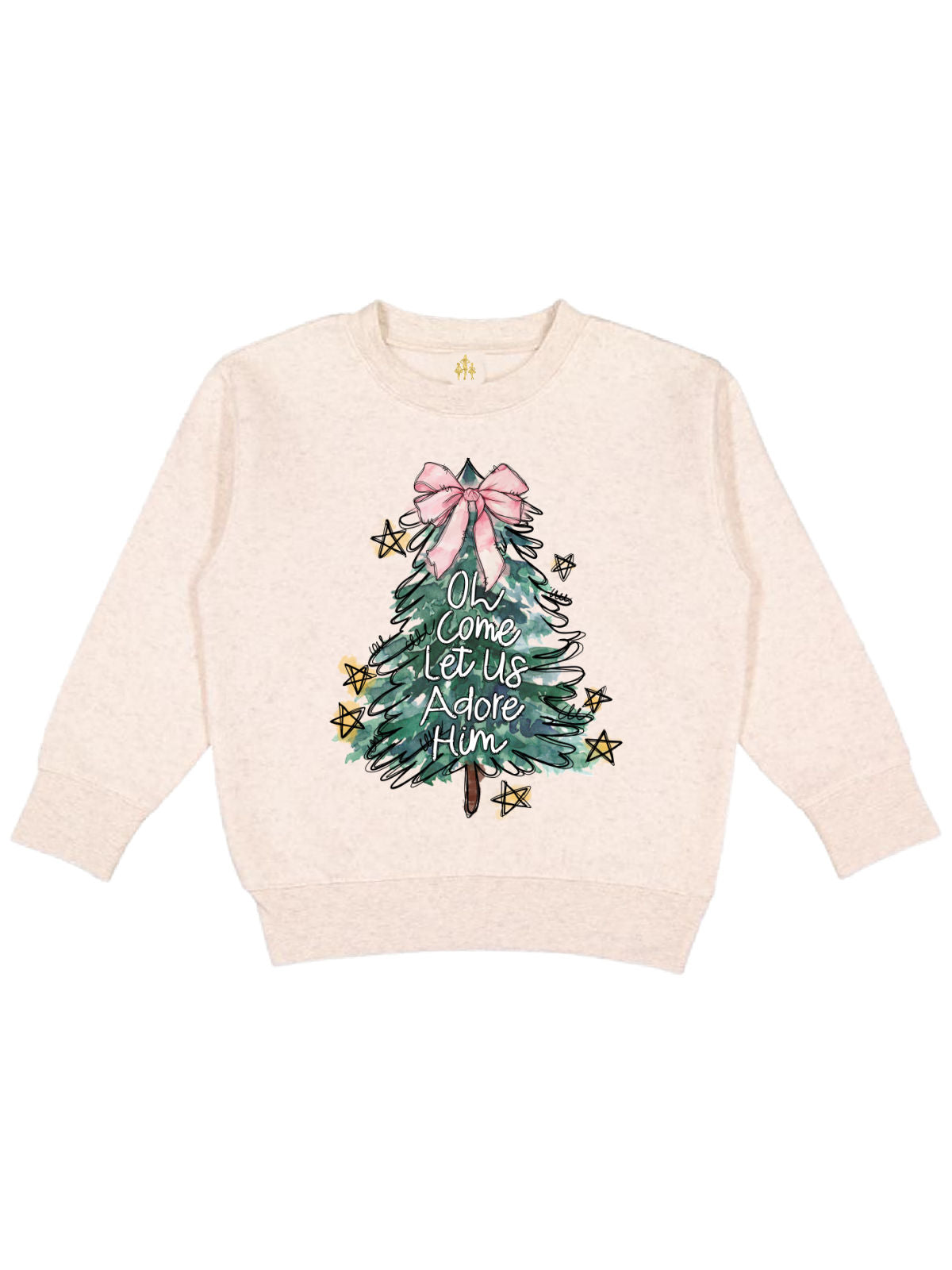 Natural Kids Christmas Sweatshirt Oh Come Let Us Adore Him with Decorated Holiday Tree