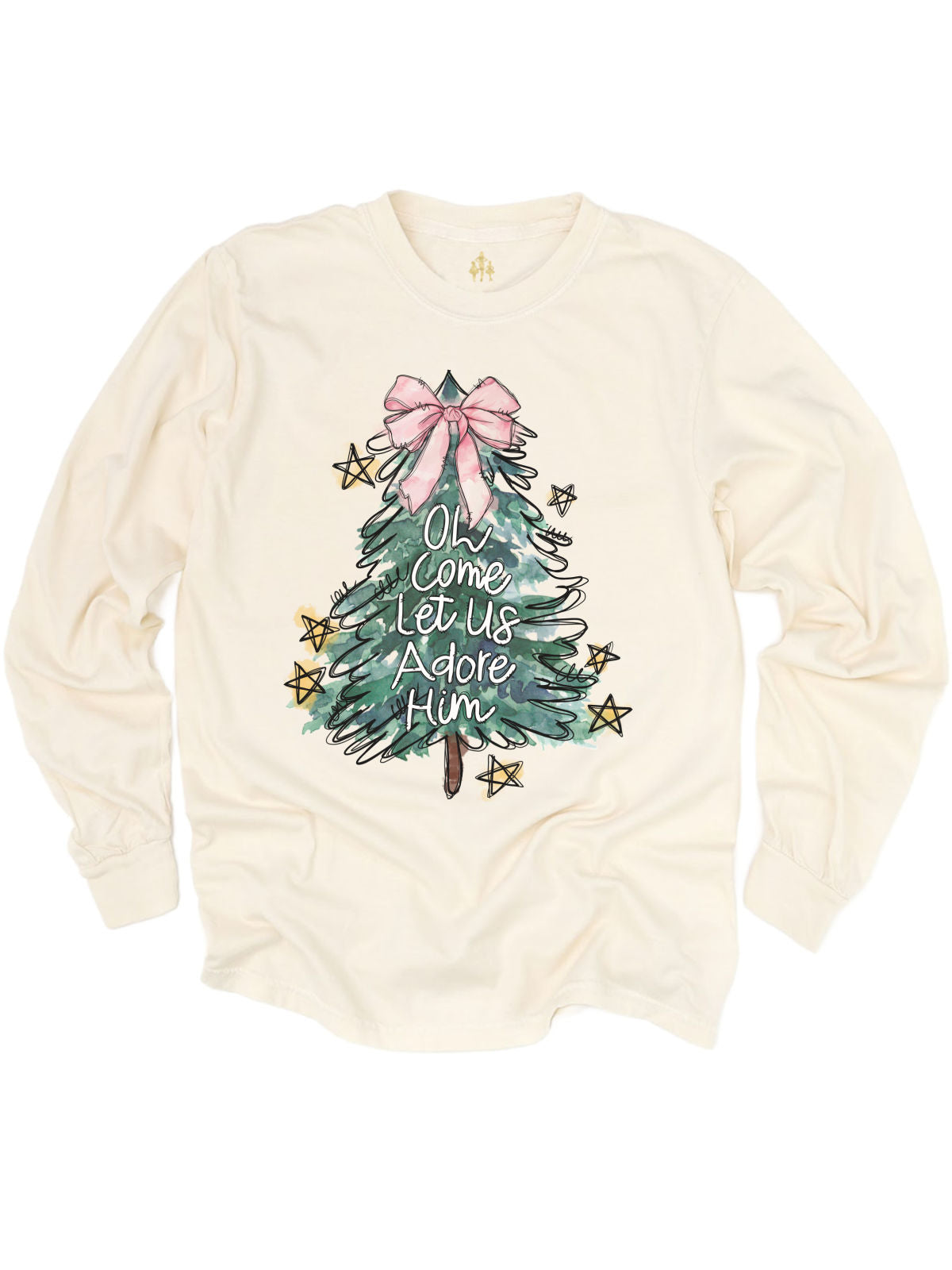 Berry pink long sleeve adult shirt that reads Oh come let us adore Him with a festive holiday tree