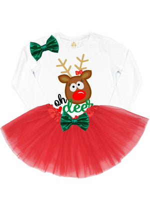 Oh Deer Girls Red and White Christmas Tutu Outfit with White T-Shirt and Red Tutu