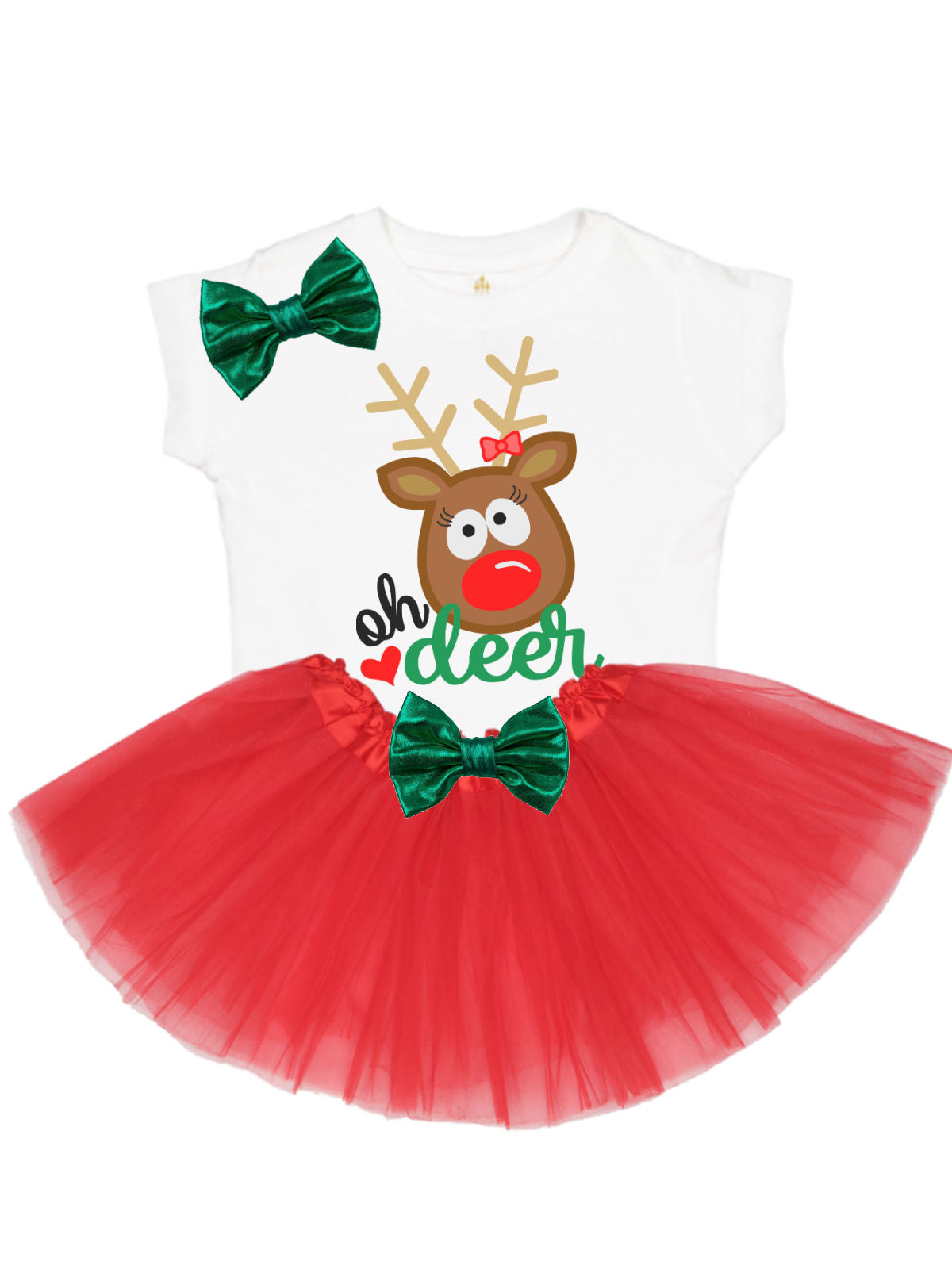 Oh Deer Girls Red and White Christmas Tutu Outfit with White T-Shirt and Red Tutu