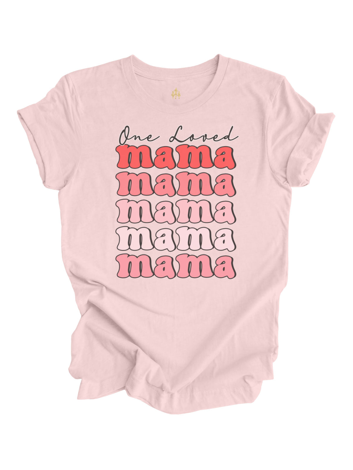 One Loved Mama Valentine's Day T-Shirts in gray, natural, and pink with retro typography design.