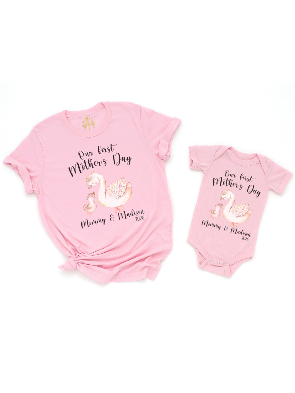 first mothers day matching outfit mom and baby personalized mommy and me set pink swan shirt