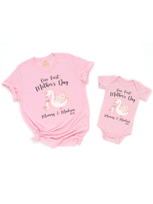 first mothers day matching outfit mom and baby personalized mommy and me set pink swan shirt