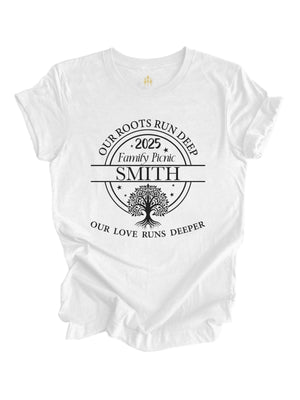 White Short Sleeve Shirt Our Roots Run Deep 2025 Family Picnic Shirt