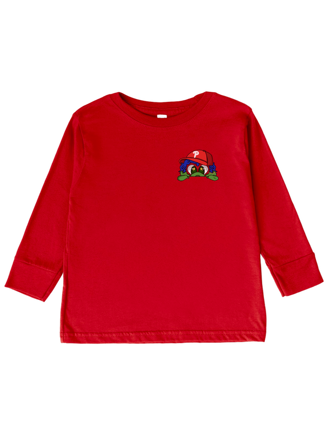 Red long sleeve kids t shirt with handdrawn baseball mascot