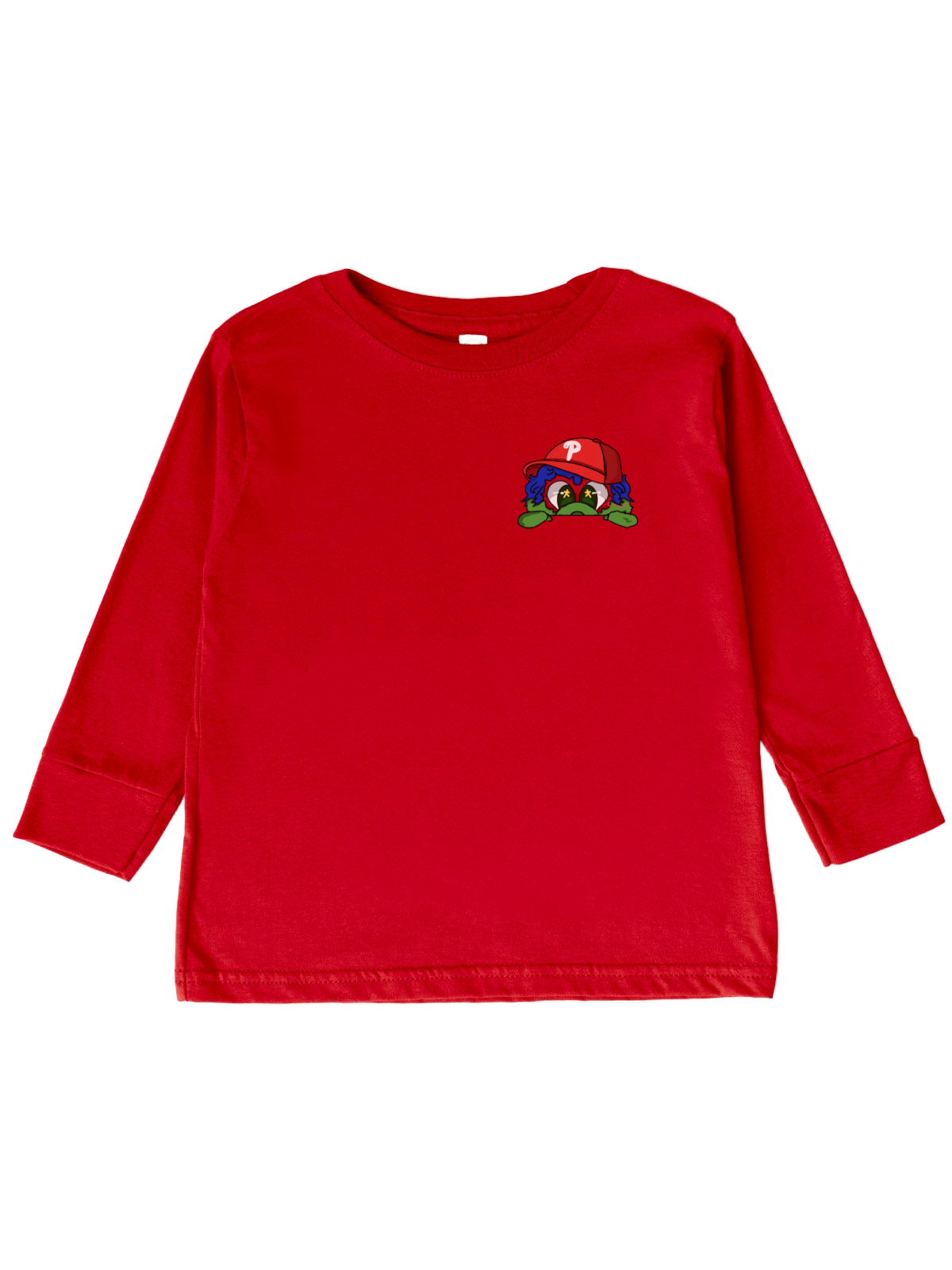 Philly kids shirt with small baseball mascot pocket design on red tee