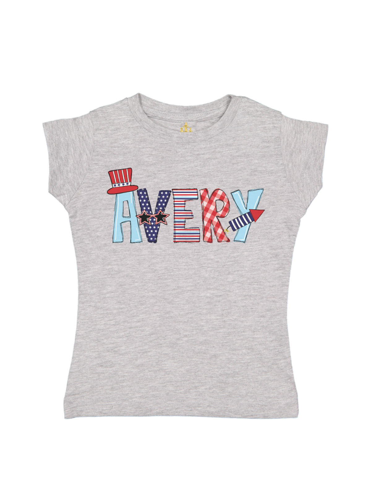 Gray girls’ t-shirt with custom name “Khloe” in red, white, and blue patriotic prints, including stars, stripes, and bows