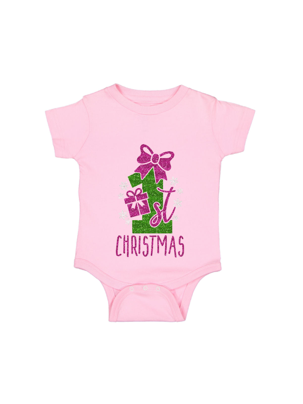 soft pink short sleeve infant bodysuit first Christmas