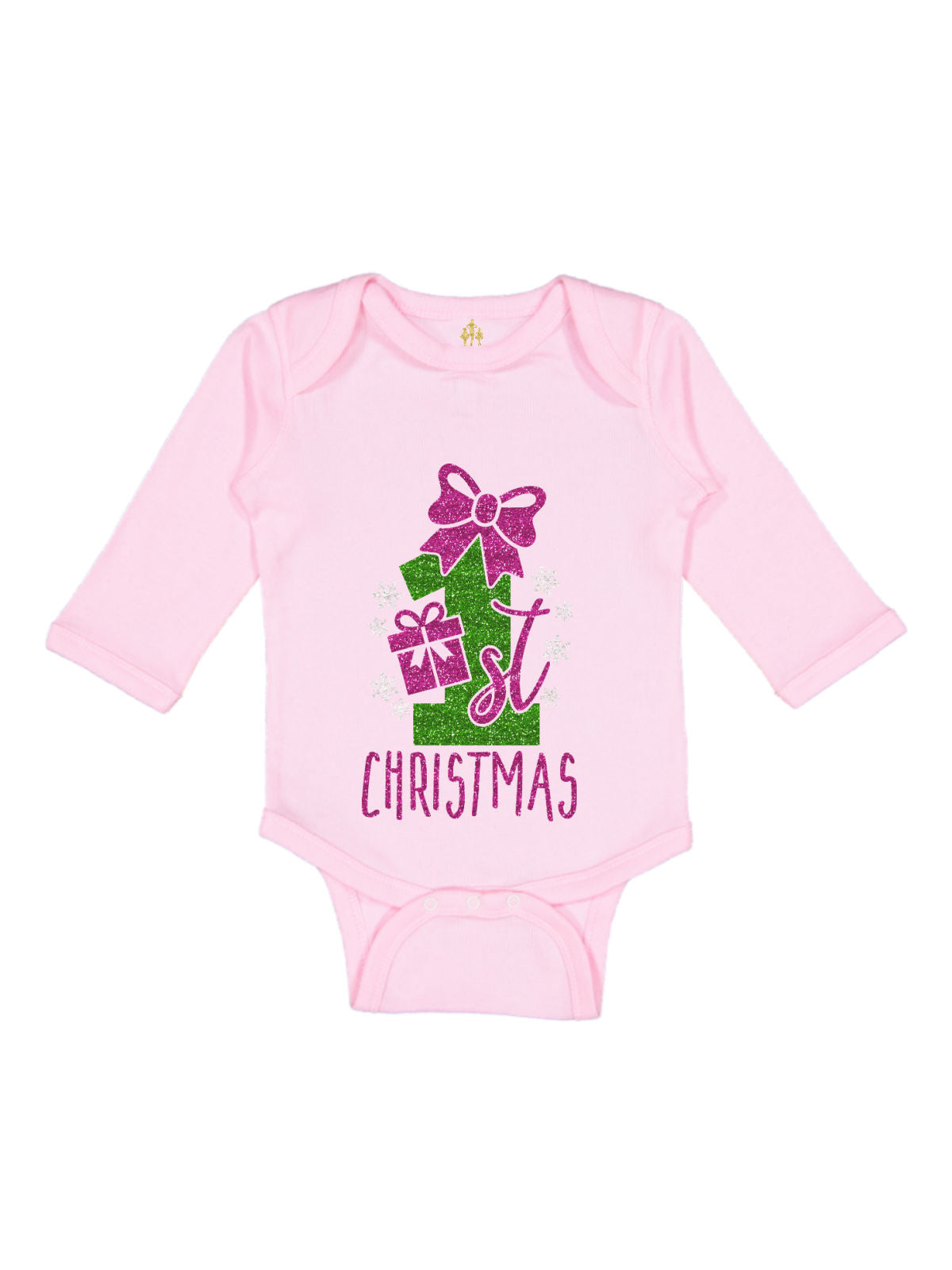 Soft pink baby girl's first Christmas bodysuit personalized with name