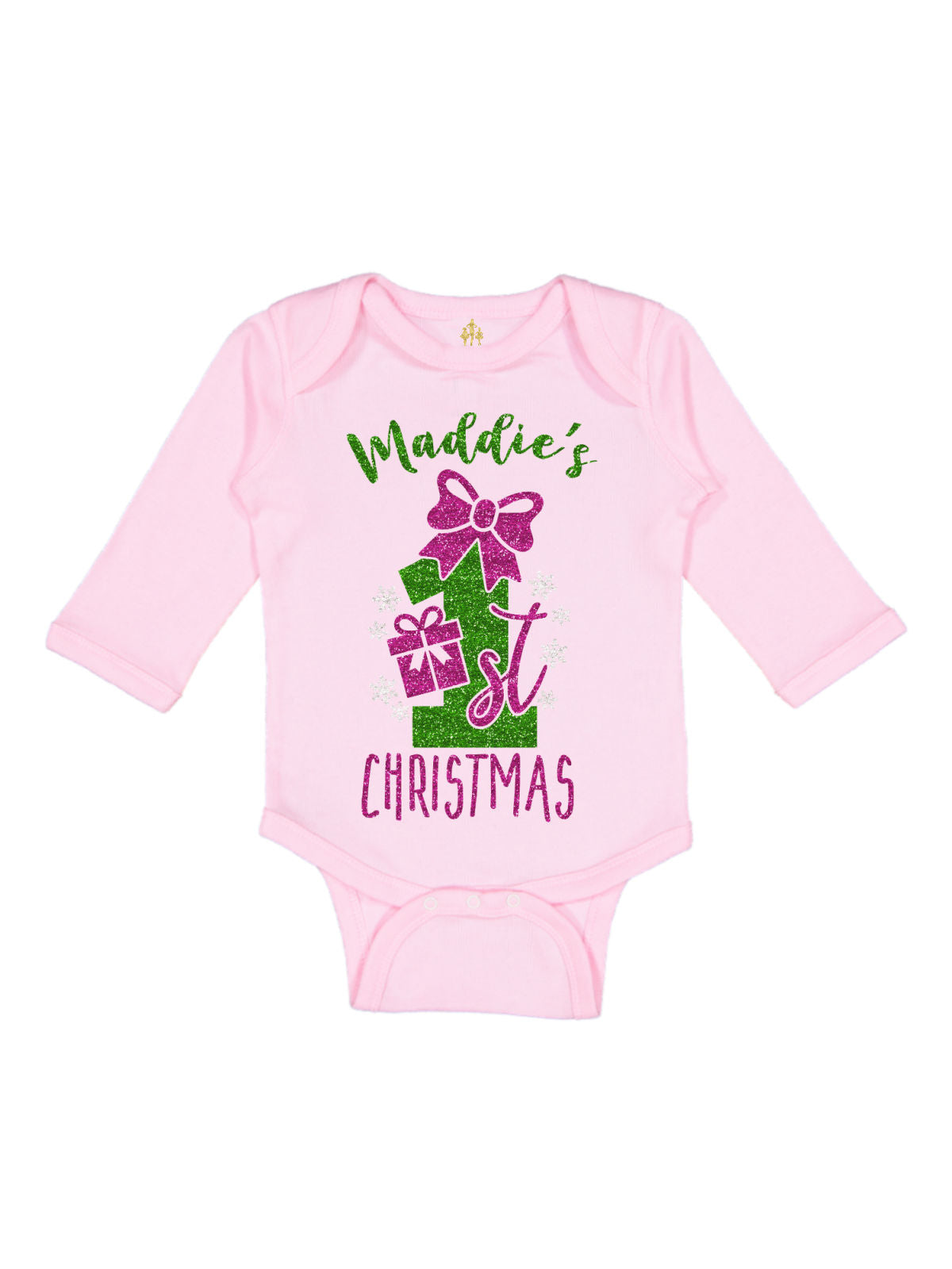 Soft pink baby girl's first Christmas bodysuit personalized with name