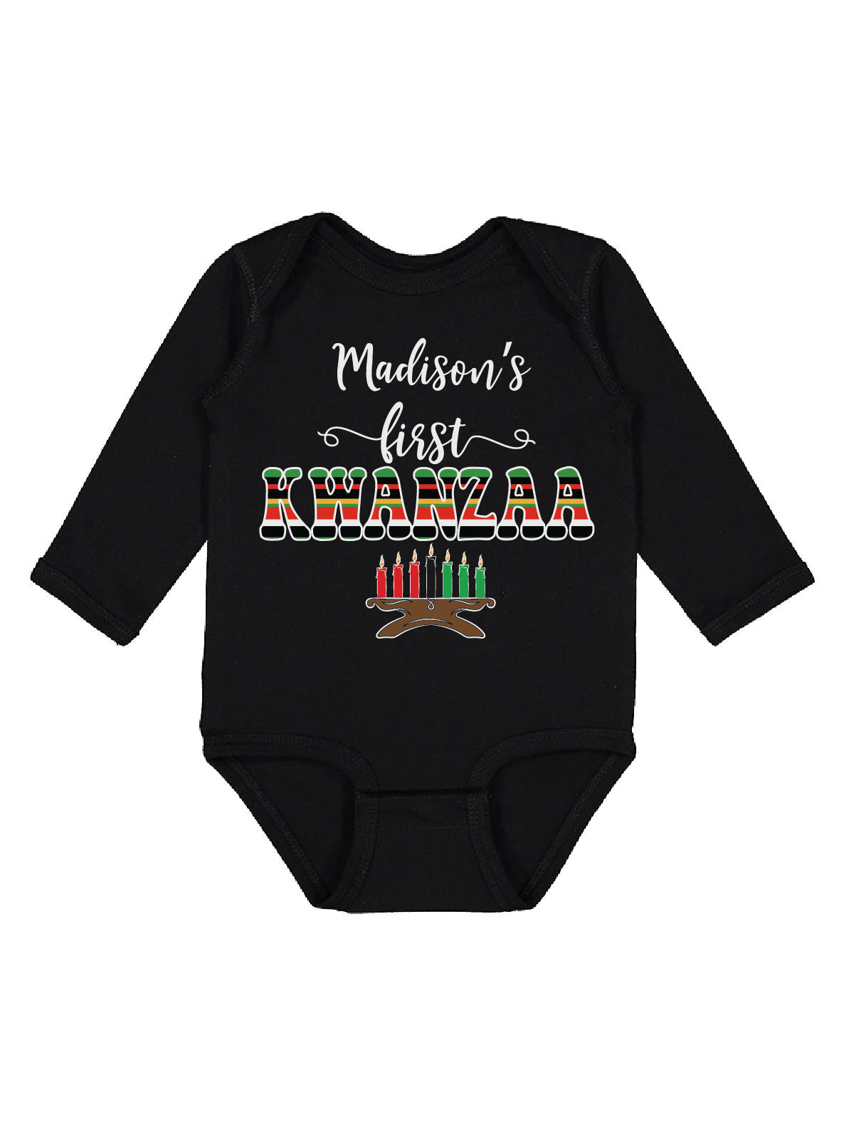 Personalized long sleeve black infant one piece with first Kwanzaa and kinara design