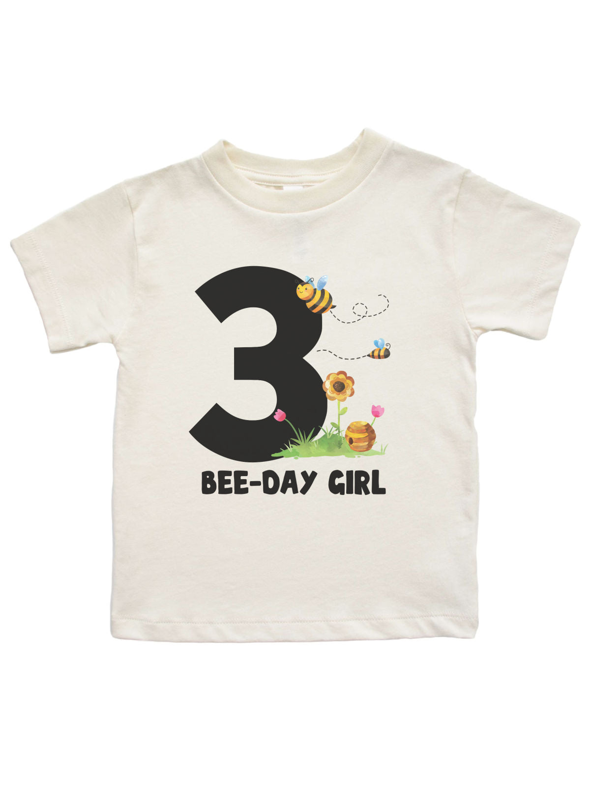 Personalized Bee-Day Girl Bumble Bee Kids Birthday Shirt in Natural Cream