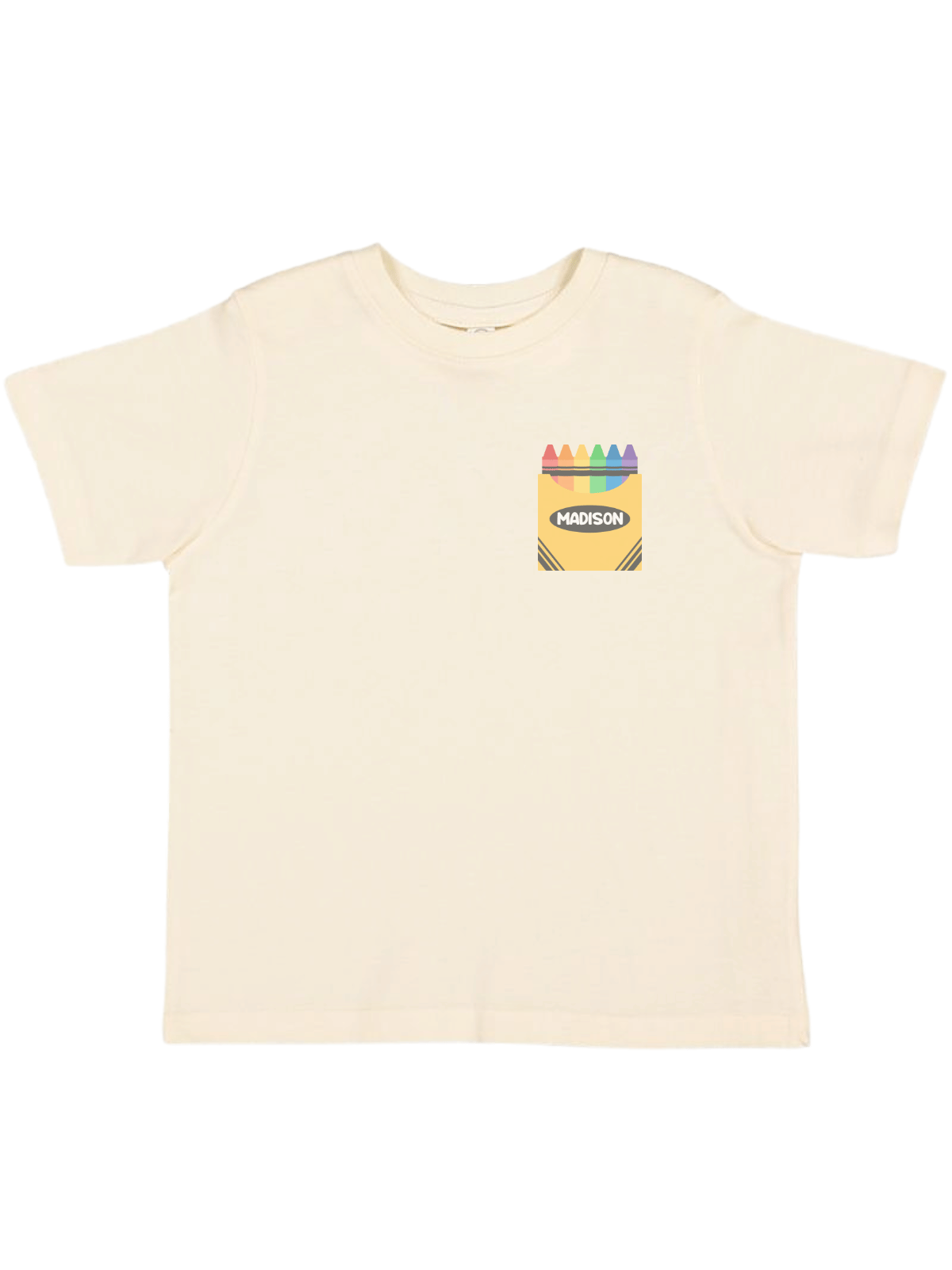 Personalized kids back to school crayon shirt with name in crayon box design on natural tee by Mackenzie Madison of Philadelphia