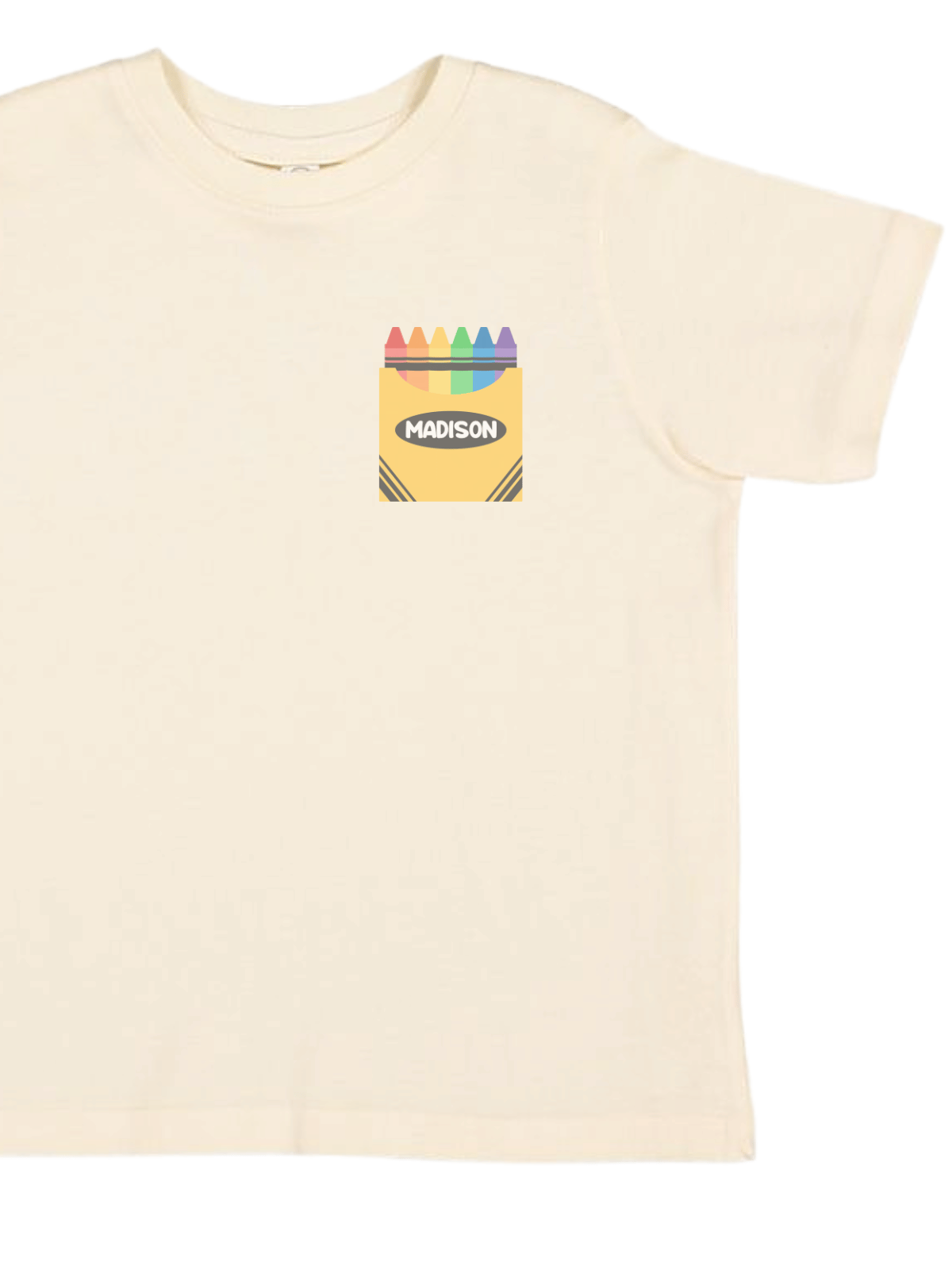 Personalized kids back to school crayon shirt with name in crayon box design on natural tee by Mackenzie Madison of Philadelphia