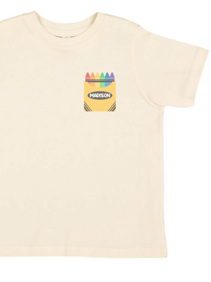 Personalized kids back to school crayon shirt with name in crayon box design on natural tee by Mackenzie Madison of Philadelphia