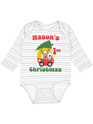 Long sleeve white and gray stripes infant one piece personalized first Christmas design with reindeer