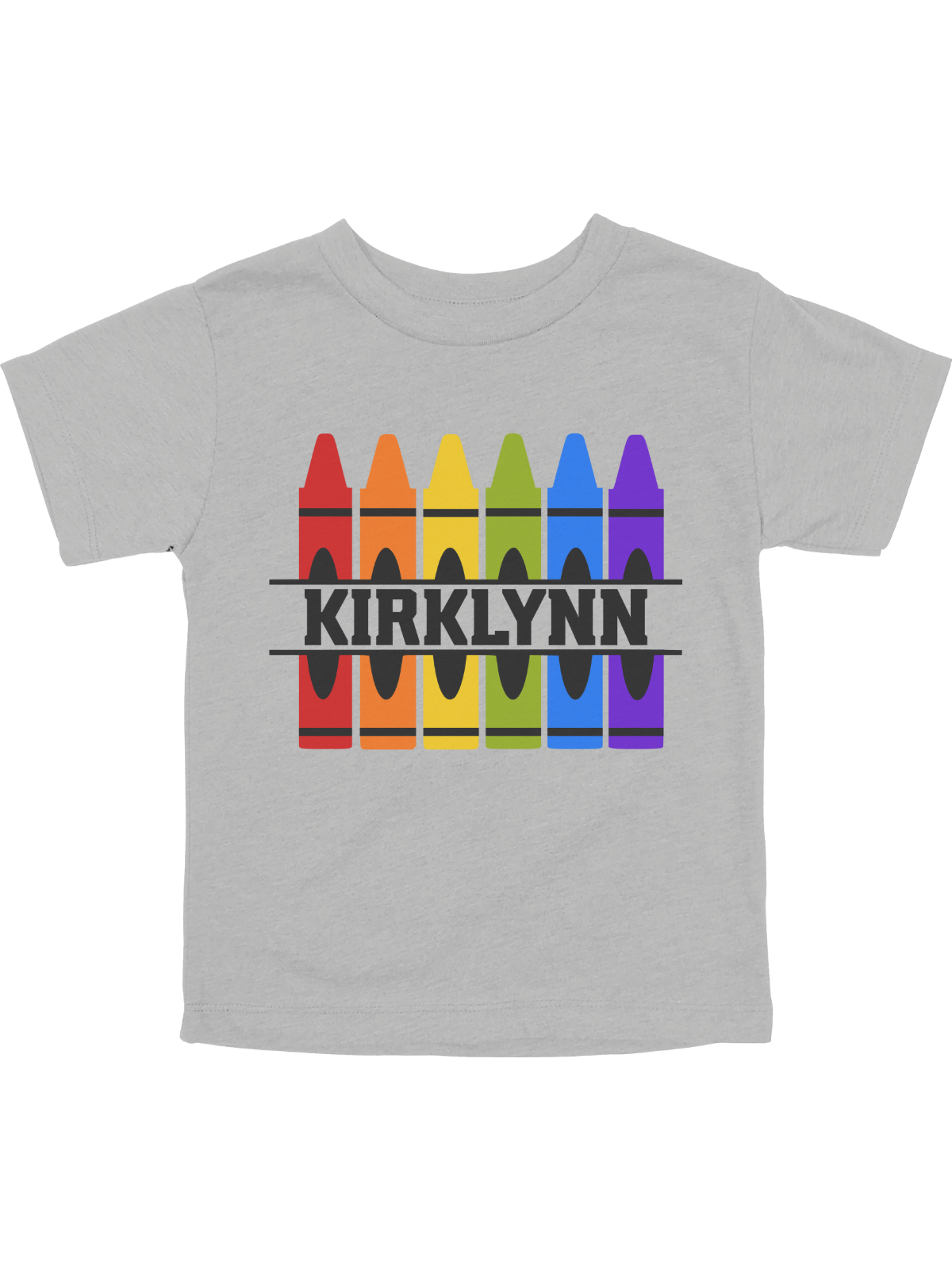Personalized Back to School shirt with rainbow crayon design and custom name in natural