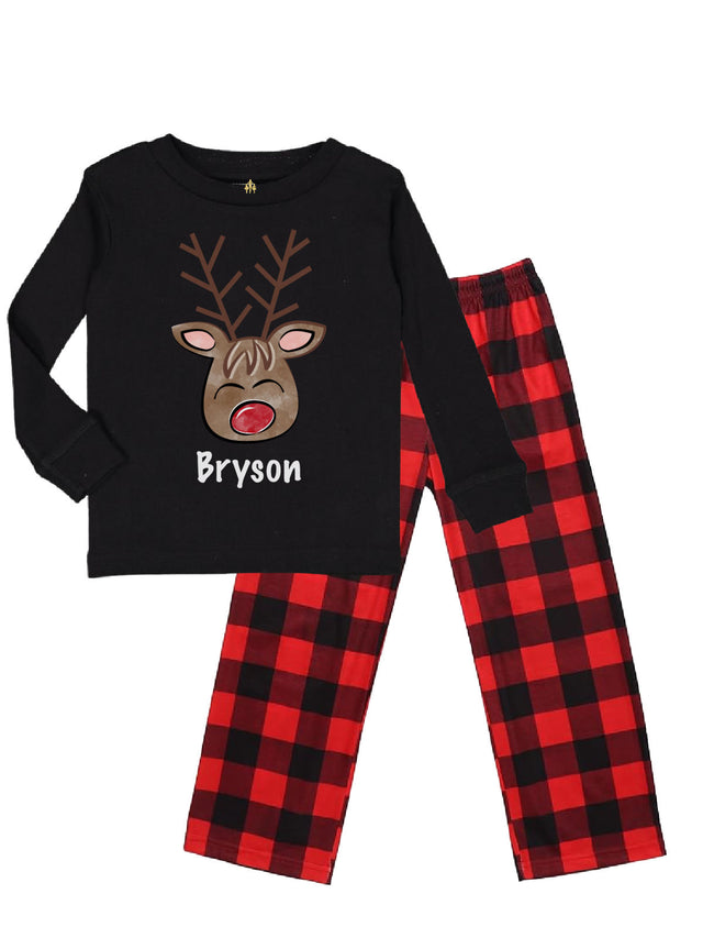 Personalized kids reindeer Christmas pajamas with buffalo plaid pants