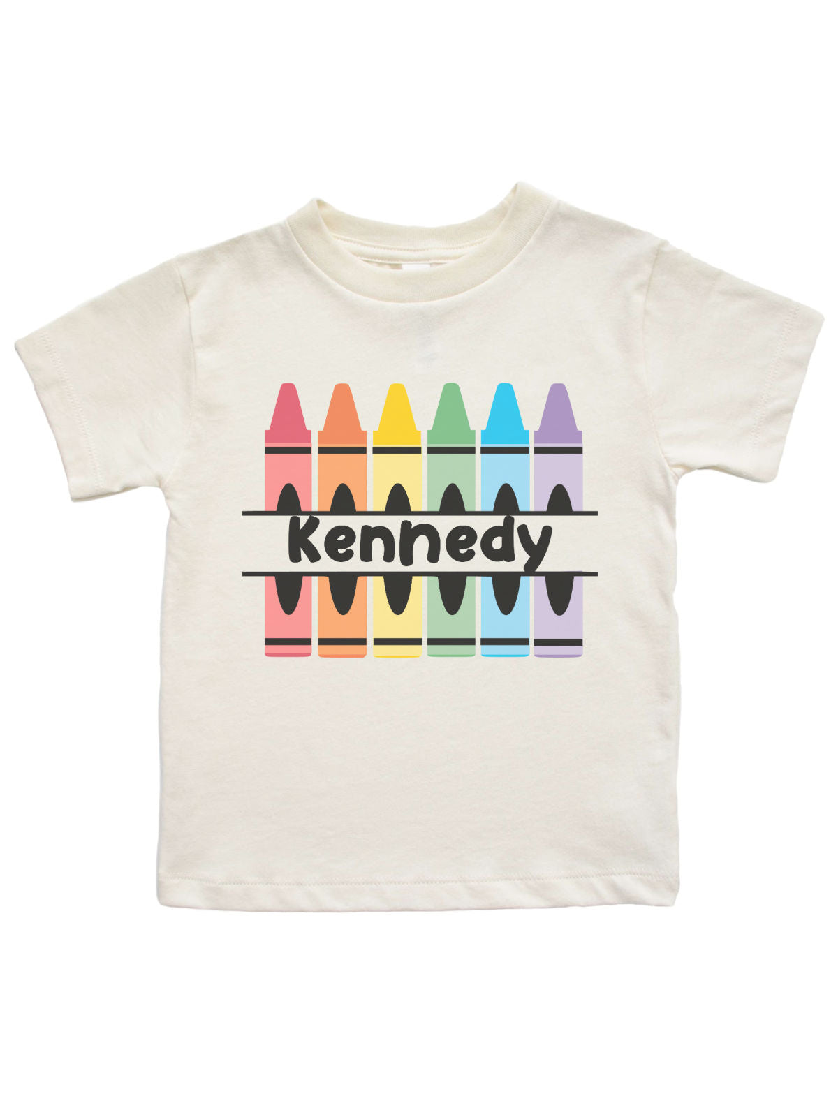 Natural color kids shirt with pastel crayon design and personalized name “Kennedy”