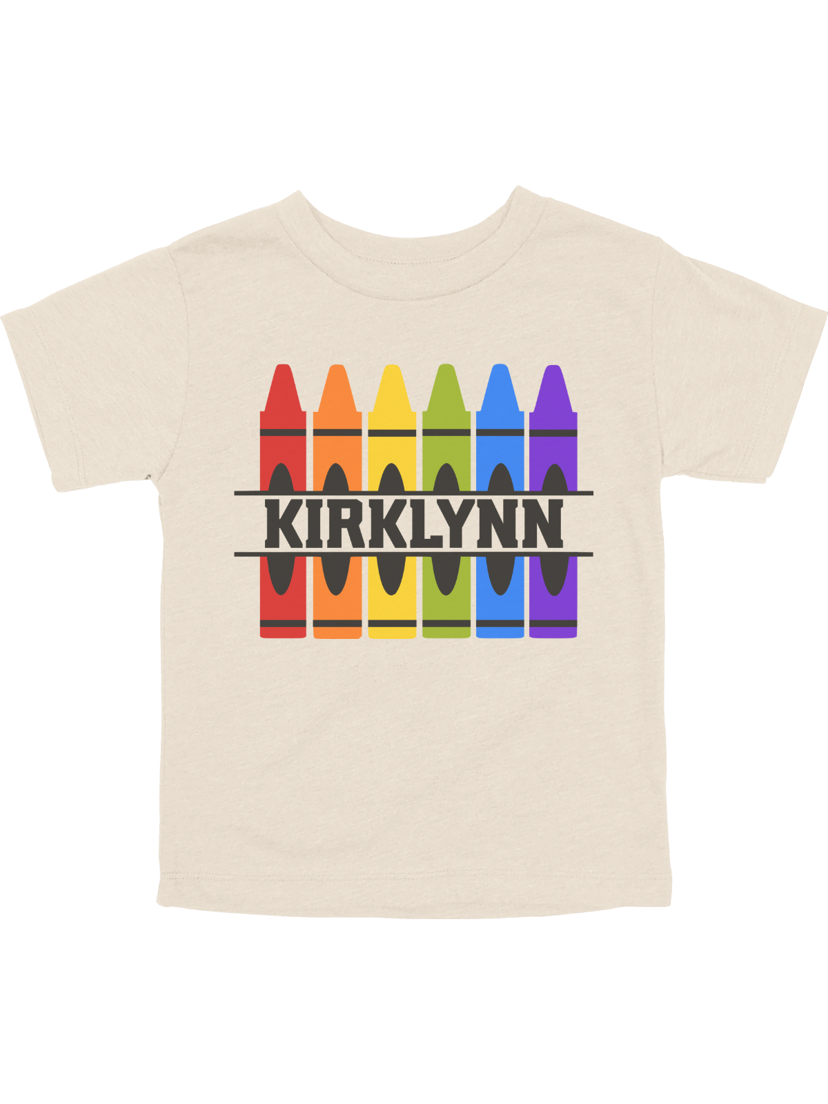 Personalized Back to School shirt with rainbow crayon design and custom name in natural