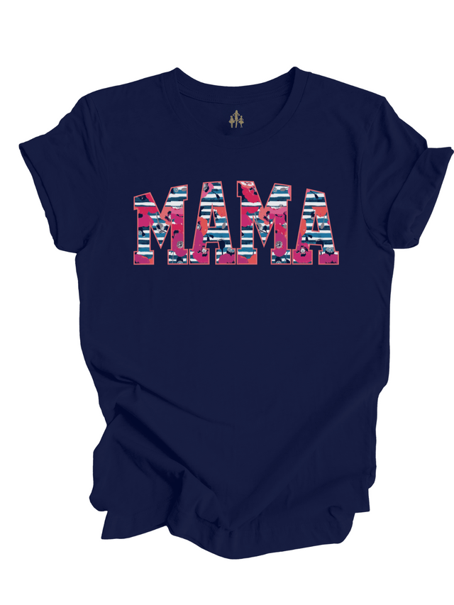 Navy blue t-shirt with bold floral-striped "MAMA" lettering