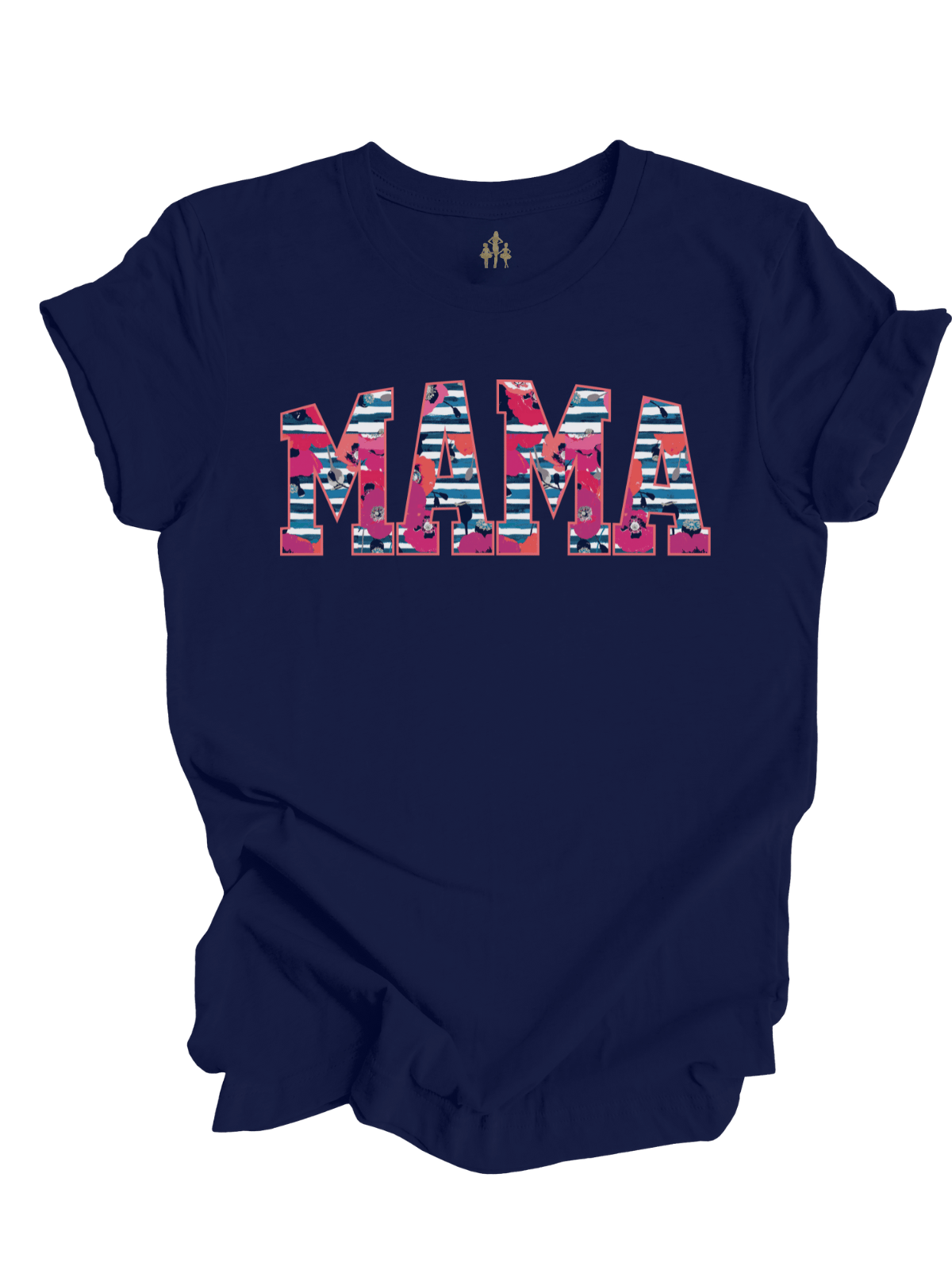 Navy blue t-shirt with bold floral-striped "MAMA" lettering and personalized script text underneath reading "Mackenzie Madison"