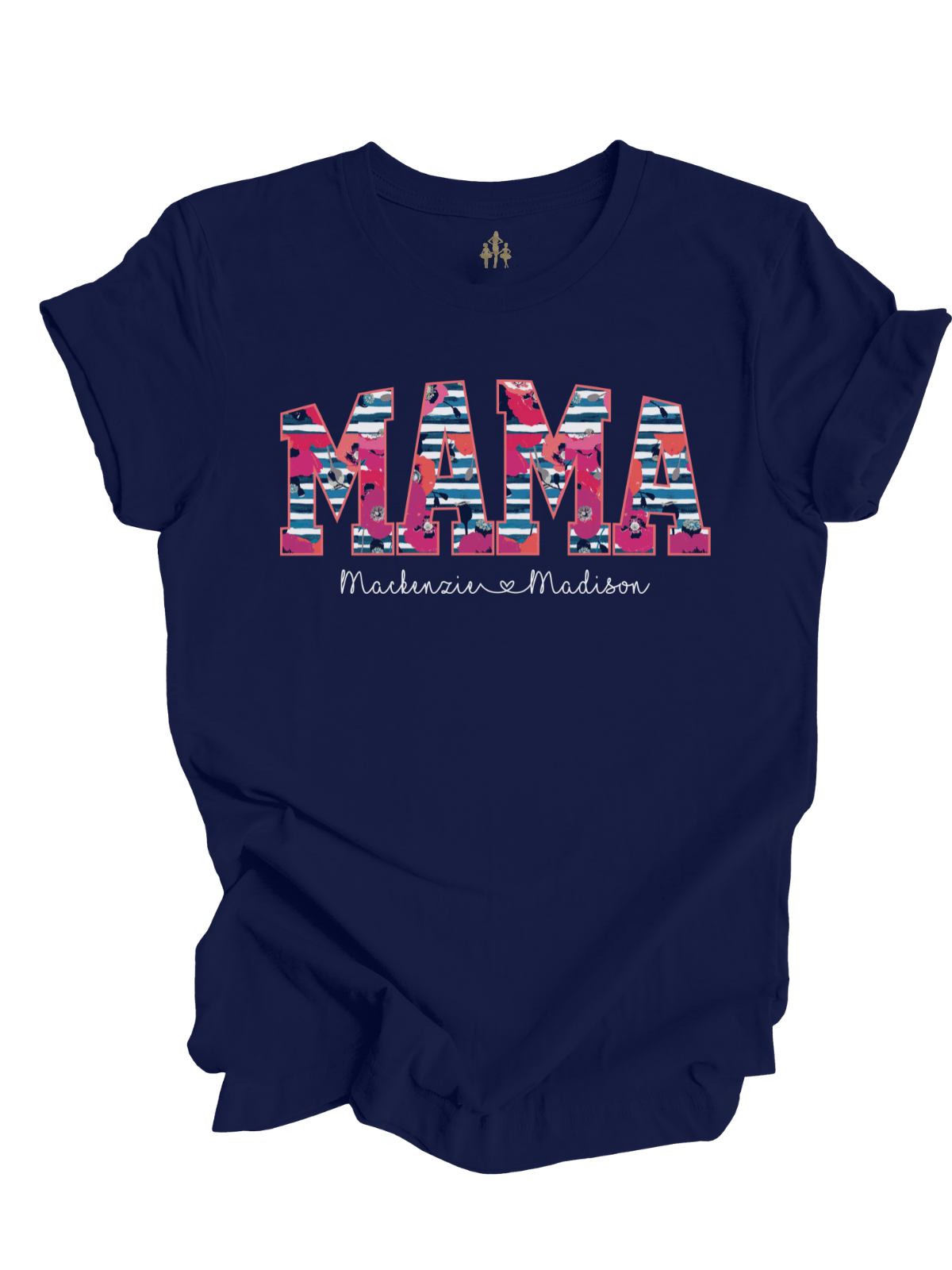 Navy blue t-shirt with bold floral-striped "MAMA" lettering and personalized script text underneath reading "Mackenzie Madison"