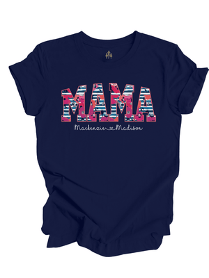 Navy blue t-shirt with bold floral-striped "MAMA" lettering and personalized script text underneath reading "Mackenzie Madison"
