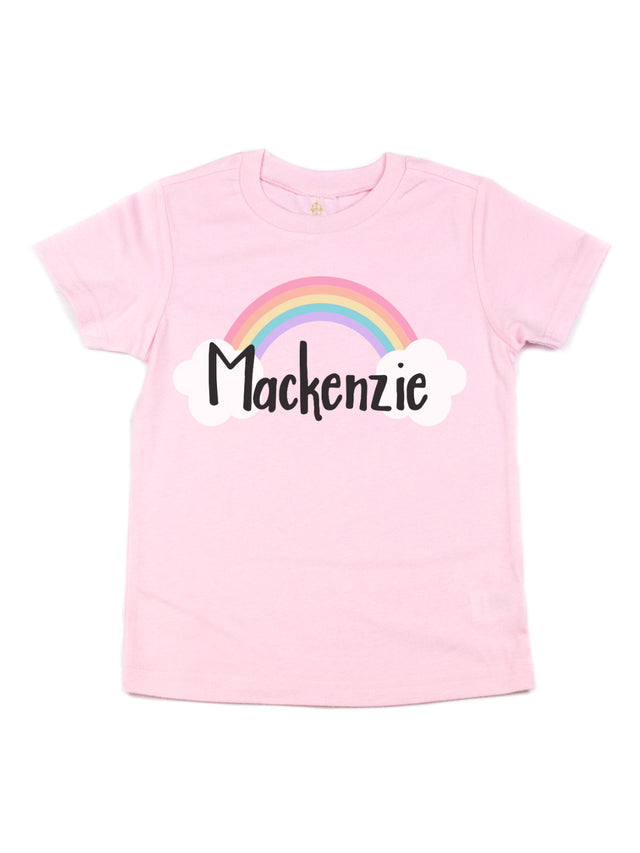 Light pink girls t-shirt with pastel rainbow and custom name "Mackenzie" in cloud – personalized shirt by MM of Philly